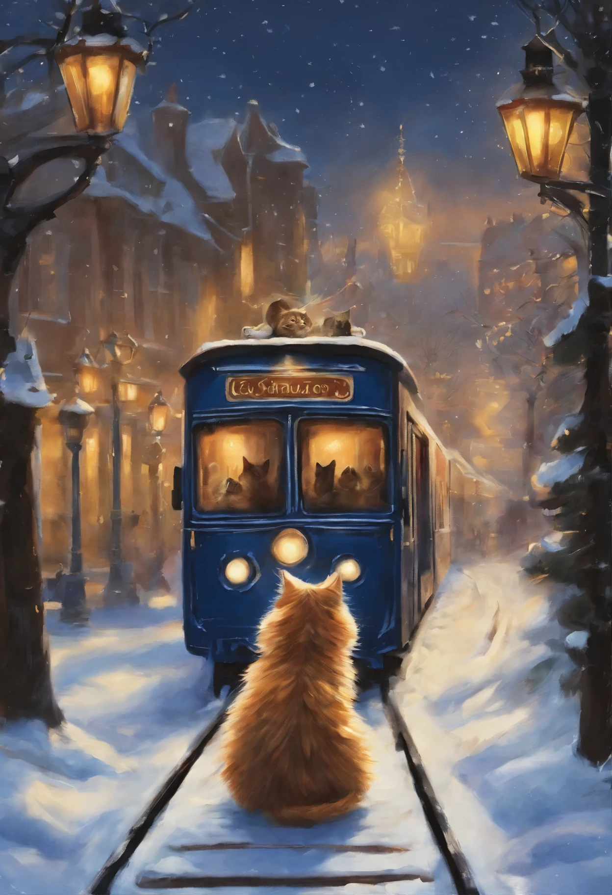 painting of a cat sitting on a Train in the snow, cat. Digital painting, andrey gordeev, choo choo, oil painting of cat, Sakimi, in a painting of a cat, by Ni Yuanlu, Detail art, ginger cat, Brian Thomas, a painting of a cat, Laszlo Balog, Train