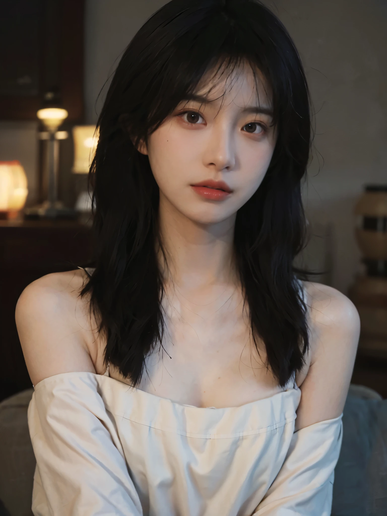 Film portrait photography, 1 girl, bare shoulders, Shoulder length wavy hair, serene, calm, (Realistic and detailed eyes, natural skin texture, Realistic facial details), Soft dramatic lighting, depth of field, Bokeh, Vibrant details, detailed meticulous, hyper-realistic, 35mm film, hazy, ,