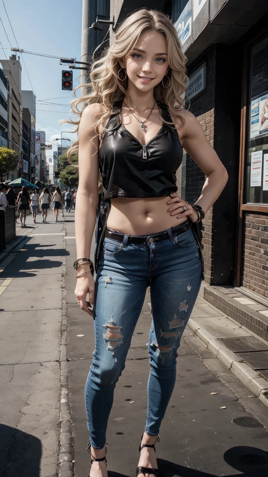 22 year old white female、Hair color is brunette、blue eyes、long hair、The ends of the hair are wavy、setting hair、accessories on wrist、wearing a necklace、has earrings、skin is smooth、Slender but muscular body、smile、Wearing a sleeveless black high-neck zipper-up top、wearing skinny jeans、I&#39;m in the middle of Shibuya&#39;s scramble crossing、smile、I&#39;m wearing a waist pouch、hands on hips