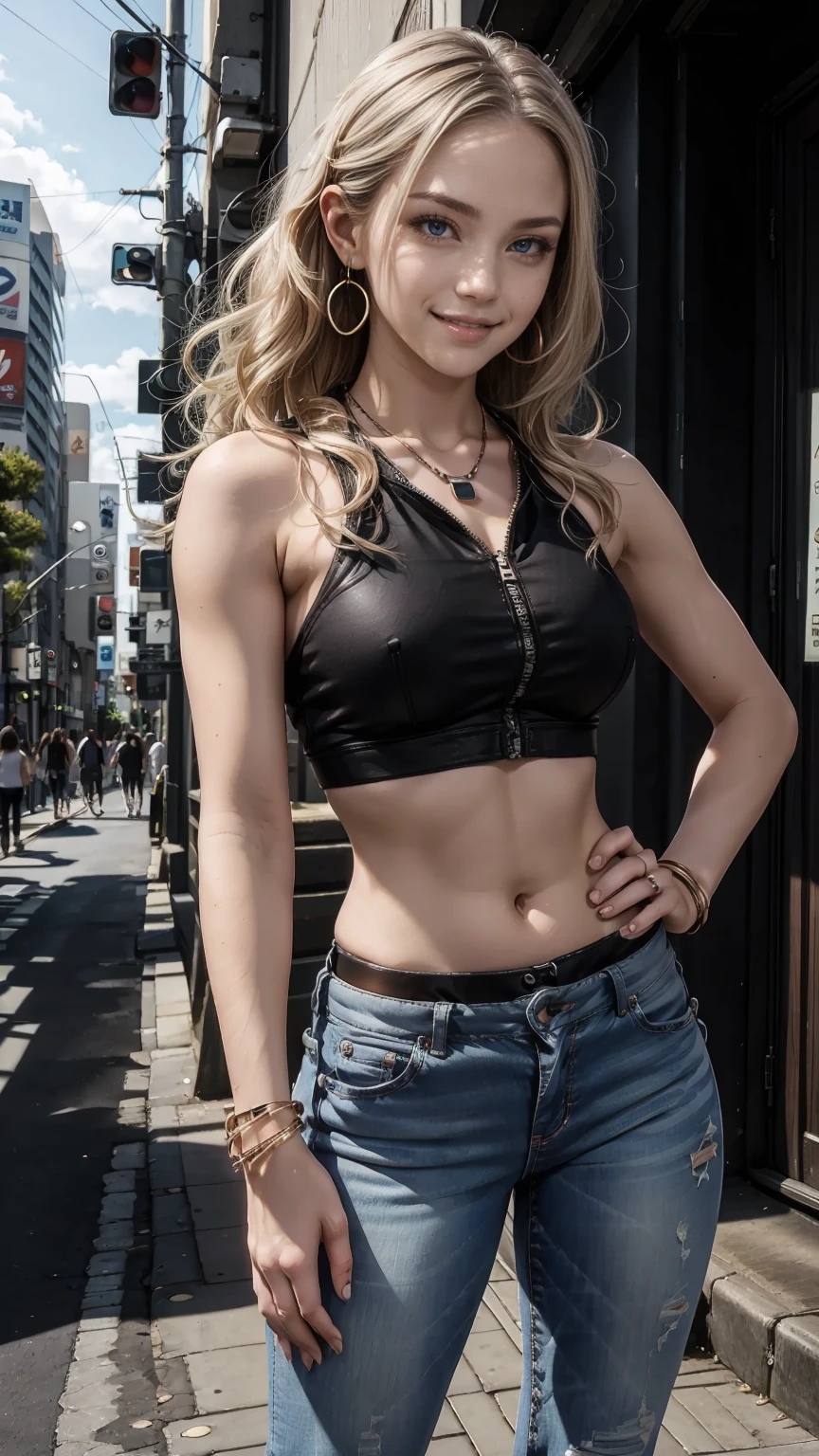 22 year old white female、Hair color is brunette、blue eyes、long hair、The ends of the hair are wavy、setting hair、accessories on wrist、wearing a necklace、has earrings、skin is smooth、Slender but muscular body、smile、Wearing a sleeveless black high-neck zipper-up top、wearing skinny jeans、I'm in the middle of Shibuya's scramble crossing、smile、I'm wearing a waist pouch、hands on hips