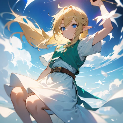 Blonde haired girl with link in hair wearing a white dress while floating on clouds with blue light eyes