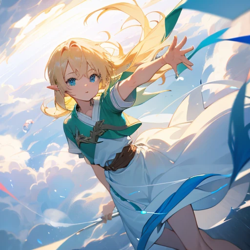 Blonde haired girl with link in hair wearing a white dress while floating on clouds with blue light eyes