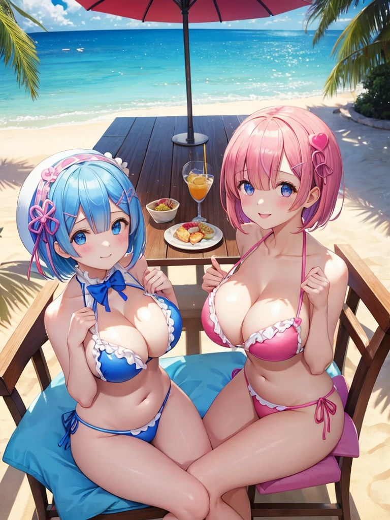 masterpiece, best quality, ultra detailed , Two girls putting their hands on their chests、Re:zero(Rem and Ram),short hair、bikini、big breasts、belly button、Blue and pink hair、straw hat、(Create a heart shape with a heart-shaped effect for viewers)、The background is the sea、Light of the sun、White cloudy、Blue sky、、smile、dynamic pose、table、chair、sit、snack、juice、