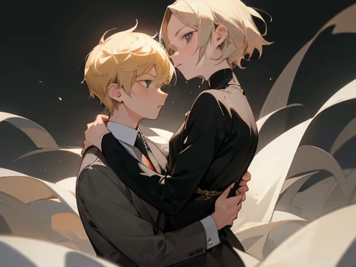 2 people, father and son, son is a , (Best quality at best, A high resolution), (detailed, Be expressive, aesthetic), blond hair, gray eyes, elegant, Serious mood, clear eyes