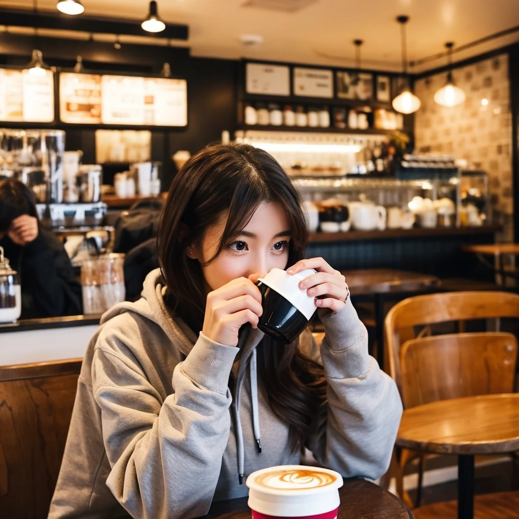 beautiful european woman、Drinking coffee in a café、 I&#39;m at the cafe, I'm wearing a hoodie, facing forward、Crowded cafes