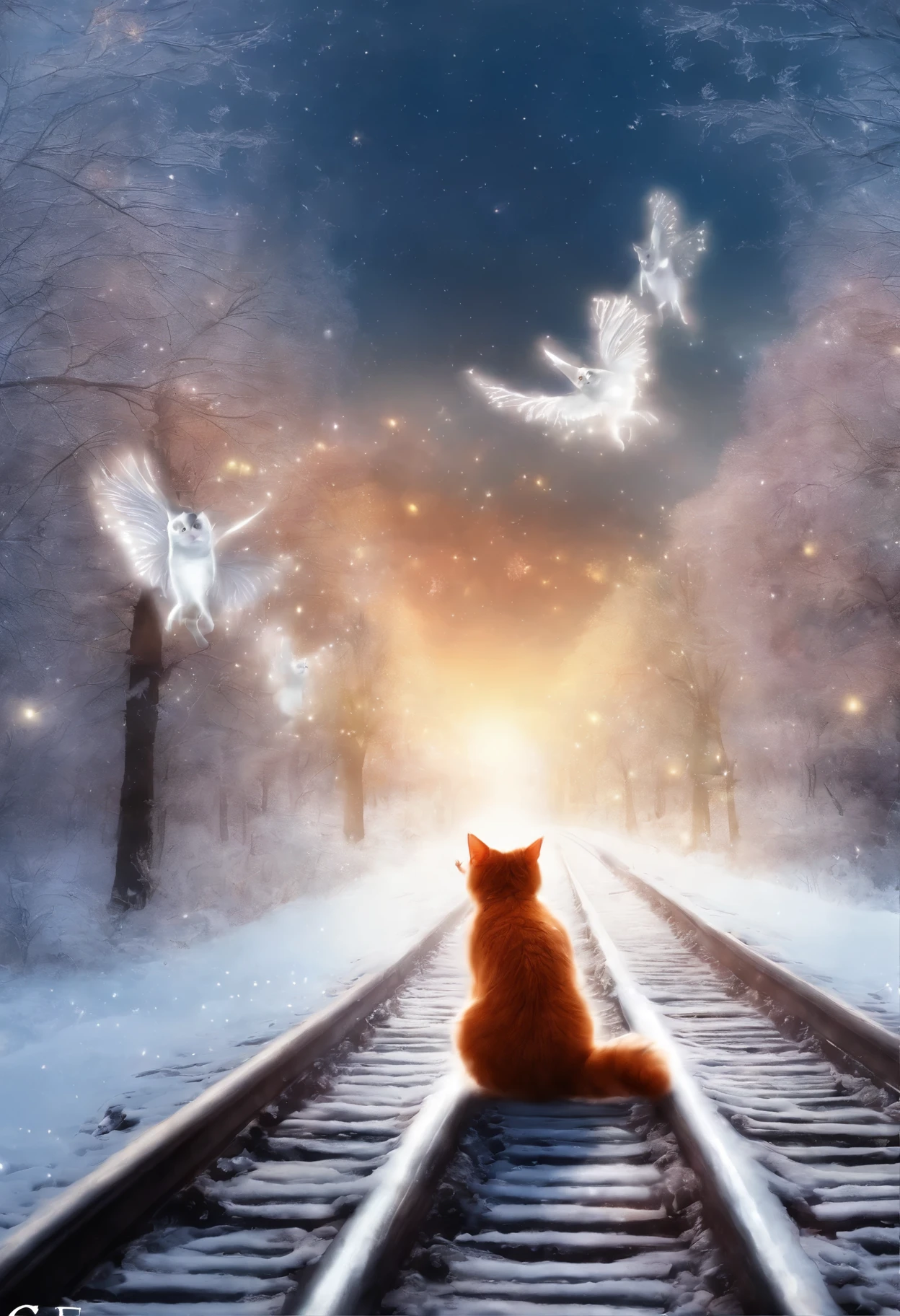 Angelic cat, heavenly cat, , Red-and-white cat angel with wings looks from the sky at the departing train, snowstorm, blizzard, heavenly express goes to heaven, choo choo, Beautiful digital images, Cute illustrations, Sakimi, Train, Andrey Gordeev, Rails, charming digital painting, Magical scene, fantastic matte painting, Cute, White cat, Cute digital art, Desktop wallpapers - 1 0 2 4, 2 0 1 4