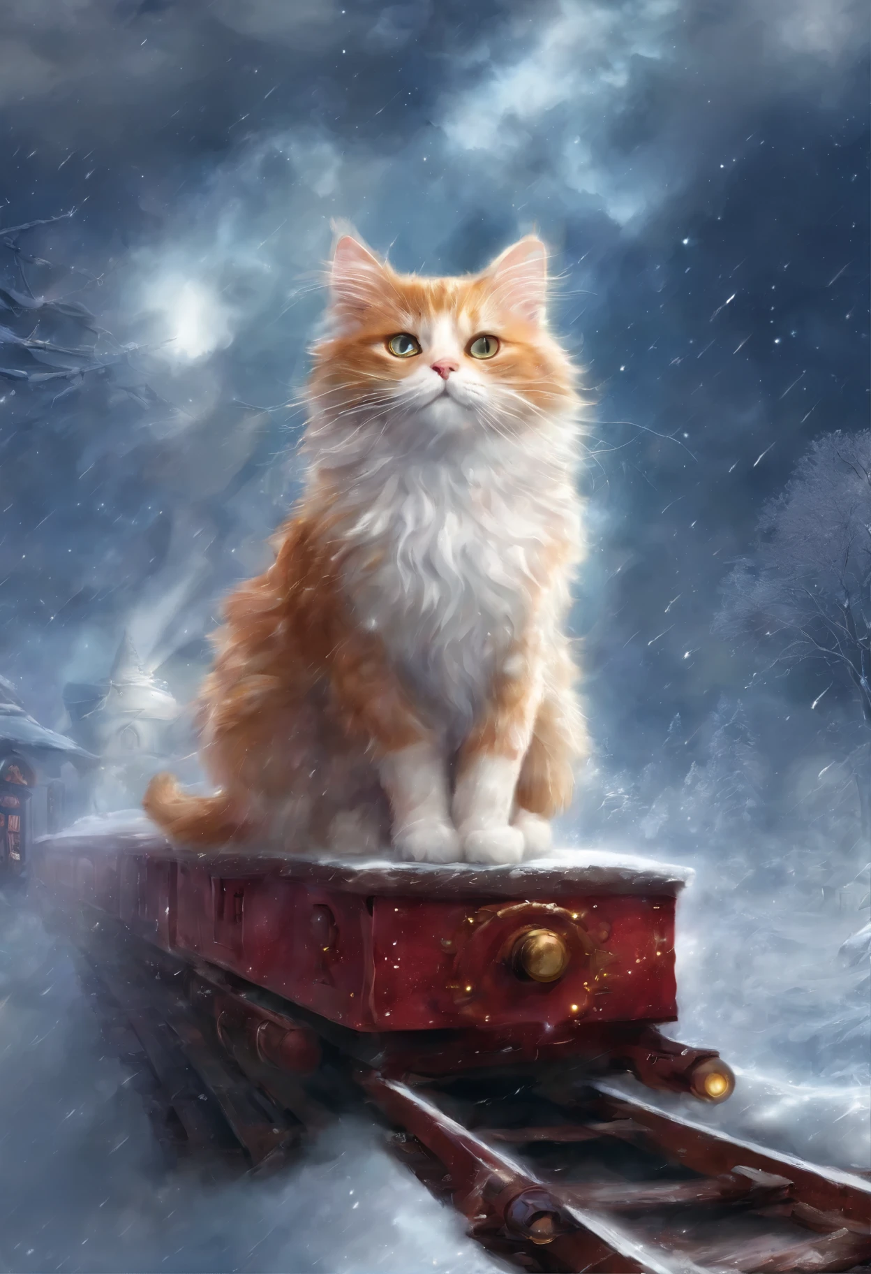 Angelic cat, heavenly cat, , Red-and-white cat angel with wings looks from the sky at the departing train, snowstorm, blizzard, heavenly express goes to heaven, choo choo, Beautiful digital images, Cute illustrations, Sakimi, Train, Andrey Gordeev, Rails, charming digital painting, Magical scene, fantastic matte painting, Cute, White cat, Cute digital art, Desktop wallpapers - 1 0 2 4, 2 0 1 4