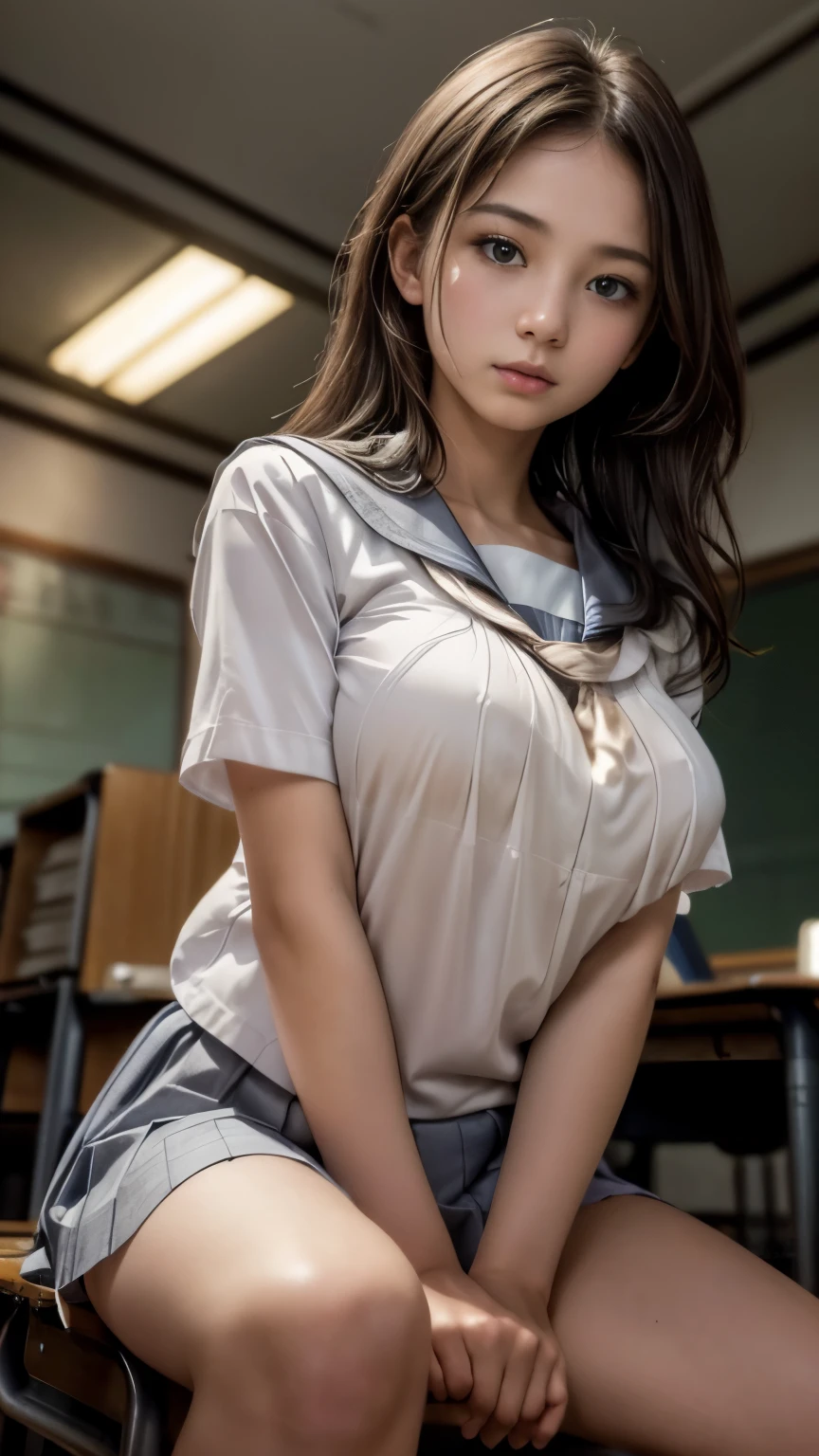 (best quality,4k,8k,highres,masterpiece:1.2),ultra-detailed,(realistic,photorealistic,photo-realistic:1.4), profesional photograph by dunitskiy david, natural light, portraits, a beautiful young korean girl, 17 years old, wearing ((short sleeve seifuku:1.4l), very low neckline, exposed cleavage, sadness look, soft glow, elegant beauty, detailed blue grey eyes, sensual pose, delicate skin texture, flowing messy hair, innocent expression, skinny posture, collarbone, naturally sagging breast, hugeboobs, hands on table, sitting down, (dirty classroom with low light:1.4), subtle shadows, dark and scary background, shallow depth of field, high contrast, dark and foggy atmosphere, fine art photography, low angle, (seen from below:1.0), photon mapping,