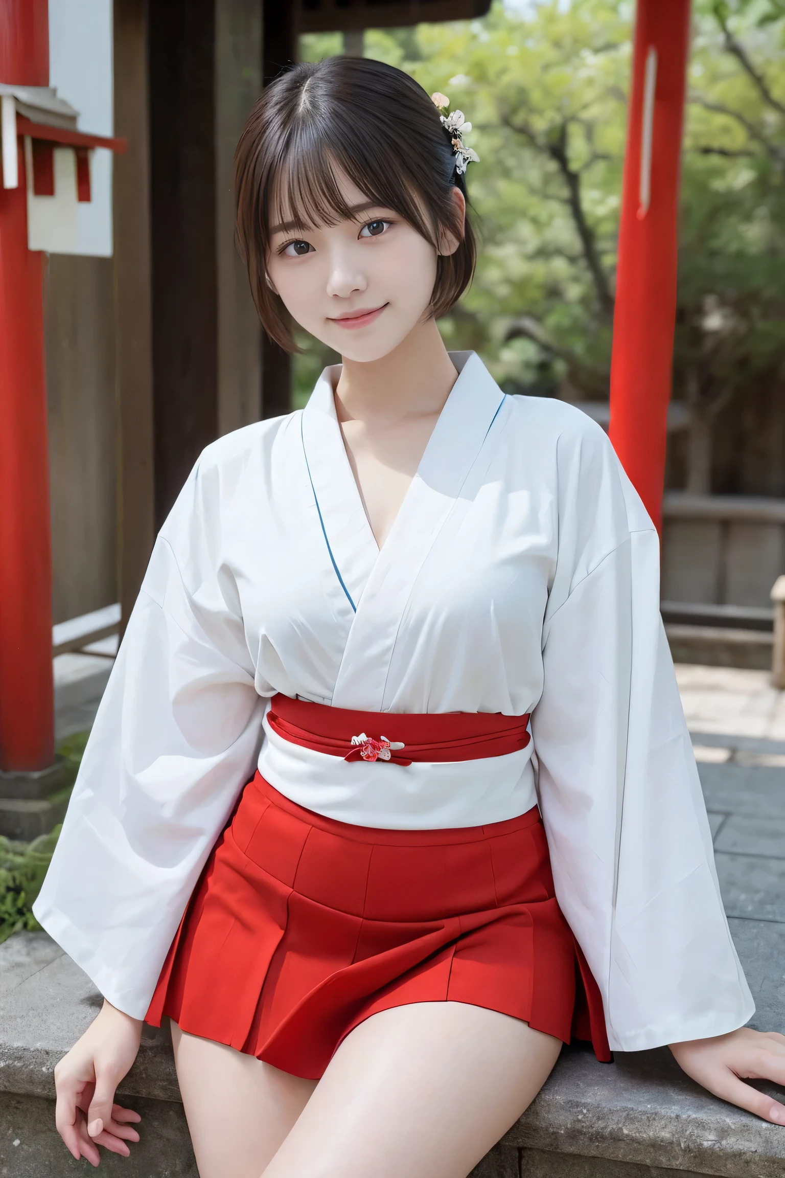 (White kimono and red long skirt、slender small breasts and short hair,,,、Close-up of a girl with blunt bangs:1.5)、(White kimono and red long skirtを着た日本の神社の境内で、The girl turns around with a small smile:1.5)、(beautiful blue sky :1.3)、(perfect anatomy:1.3)、(full finger:1.3)、(8K:1.3)、realistic photo、table top、highest quality、High resolution、delicate and beautiful、perfect face、beautiful and fine eyes、Fair skin、real human skin、((thin legs))、(black hair)