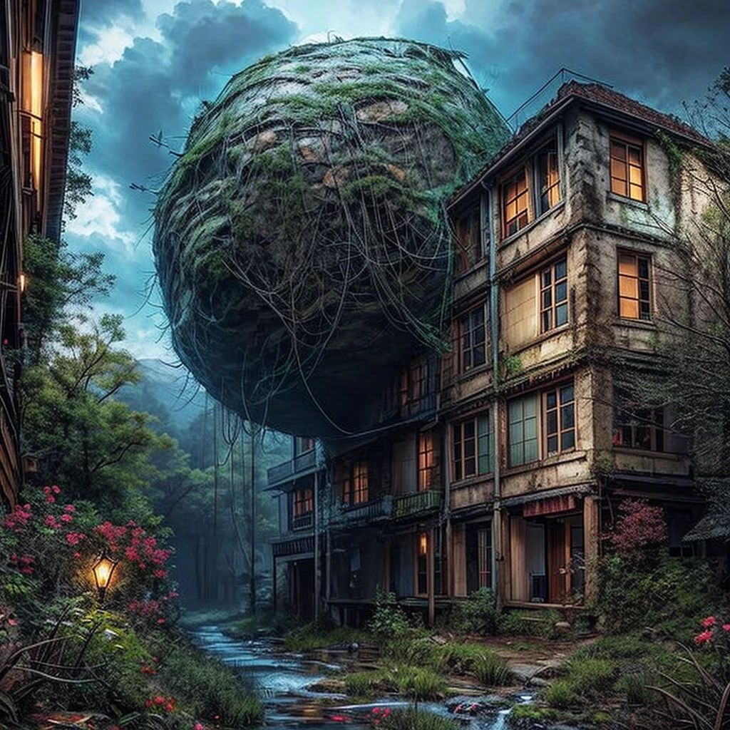 giant hornet nest, mutated, covering a building, dystopian horror, dark hour, unsettling
