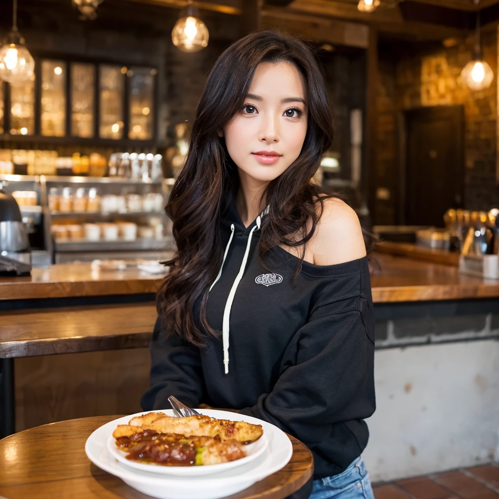 beautiful european woman、I&#39;m at the cafe, I'm wearing a hoodie, facing forward、Crowded cafes