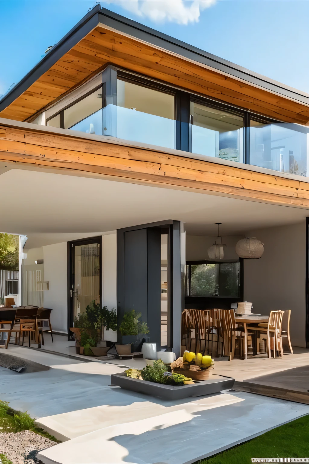 2 storey with DUTCH ROOF house with a carport on the right side and a  2-staired entry porch, make it more warm by adding claddings, wood and floor to ceiling windows on the facade