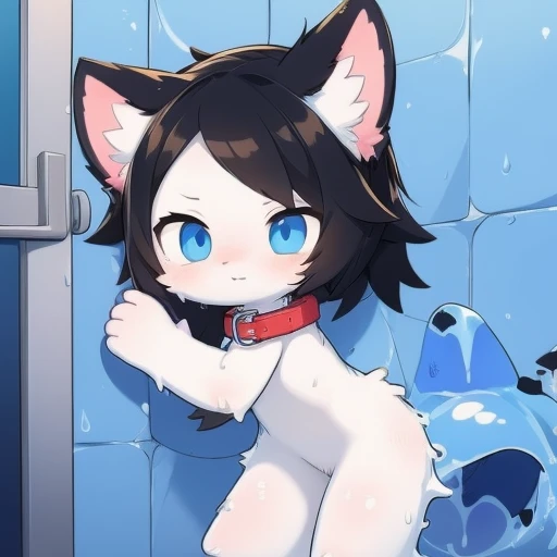 hair,furry,big eyes,small nose,Malu,cell,There is a small amount of slime hanging on the body,Cat,nude,hair,collar,whole body,Imprisoned,There are tears in the corners of the eyes,cry