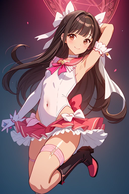 {{{{amazing quality,great quality,high quality, very aesthetic,aesthetic, best quality}}}}, {{{{Magical girl}}}}, beautiful girl, black hair, long hair, shiny hair, trimmed hair, blunt bangs, short sideburns, brown eyes, tareme, flat chest, detailed body, covered navel, armpit, {{pink sailor collar}}, {{thigh strap}}, {ribbon trim}, red boots, heart brooch, {{pink elbow_gloves}}, {{white leotard}, {leotard peek}}, {{{{magic circle}}}}, {{realistic}}, photo, shadow, Three-dimensional, absurdres, Digital art, smile,