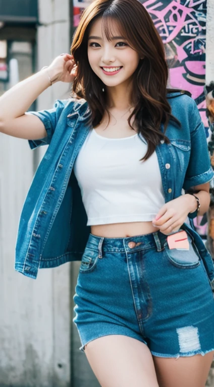 1 girl、medium long hair、gentle smile、(belly button)、(leg wear)、street、((Taking off denim shortsている))、see the beholder、realistic、PA Real, table top, highest quality, ((japanese woman、20-year-old、cute face)) 1 girl, solo、 (graffiti:1.5), paint splatters, city, bracelet, thigh strap, head tilt, brown hair, 8K resolution, Complex clothing, intricate details,length、T-shirt、Taking off denim shorts、slender body、I can see your panties、protruding butt、looked back、