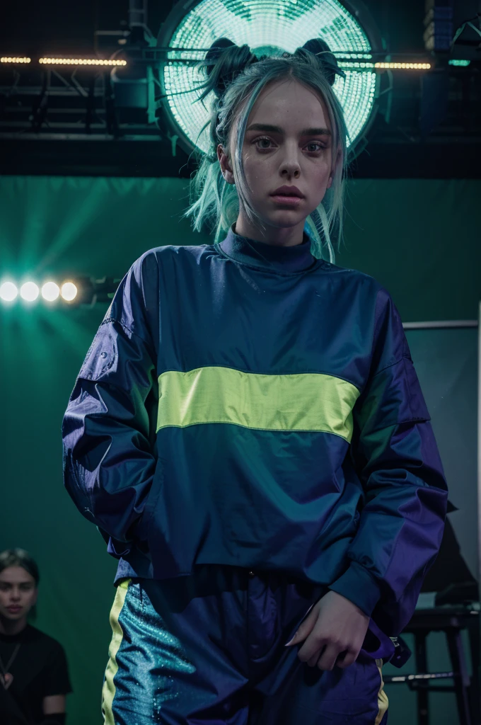 Billie Eilish shines in a vibrant setting, enveloped in her iconic neon-green aesthetic. The stage, illuminated in shades of blue and purple, accentuates her magnetic presence. With a microphone in hand, her mysterious and authentic expression captivates the audience in the background. An image that captures the unique and revolutionary energy of the artist.