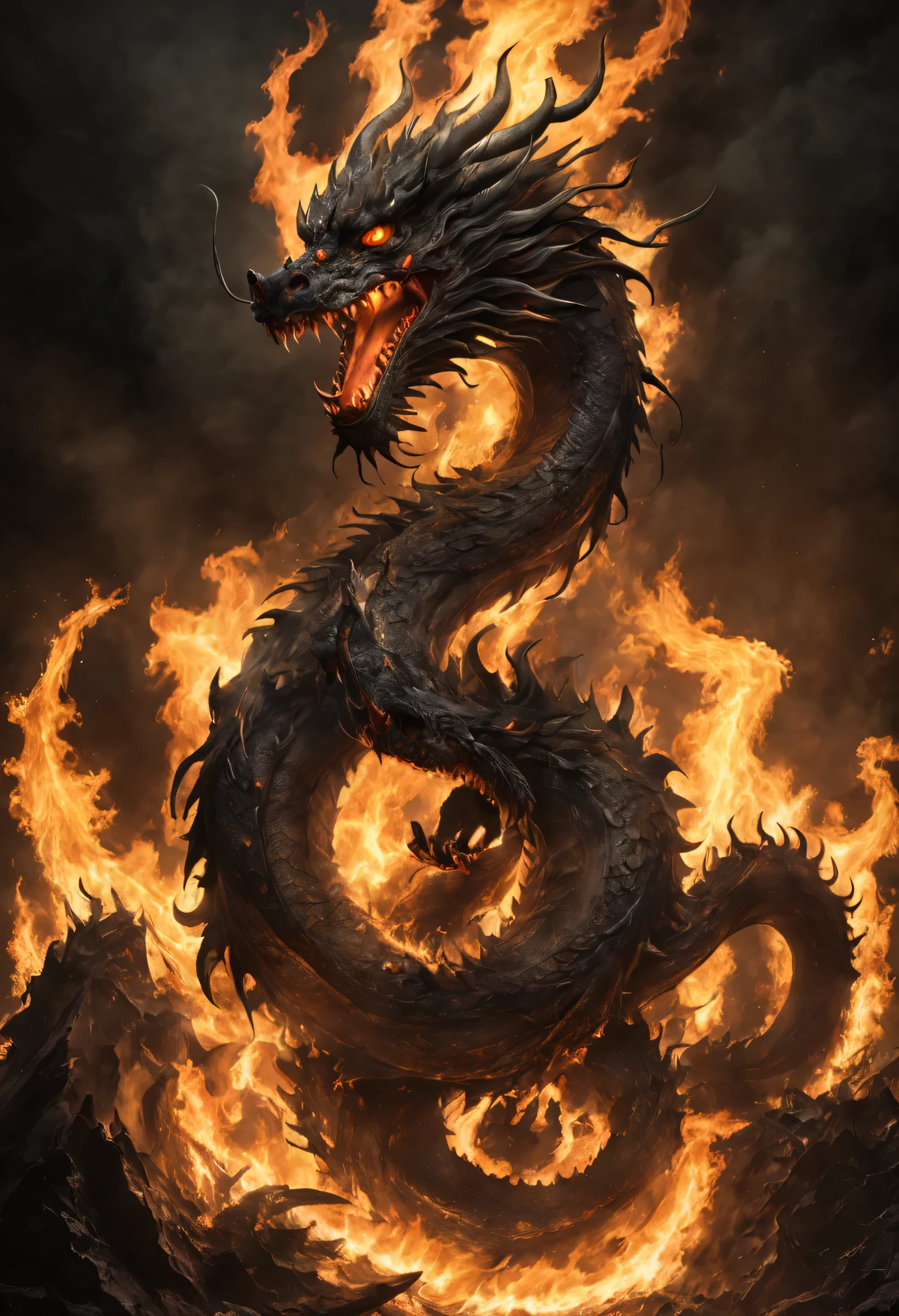 Letty Boone, real, Charred and burning Chinese dragon, desolate, dark, normal, global illumination,