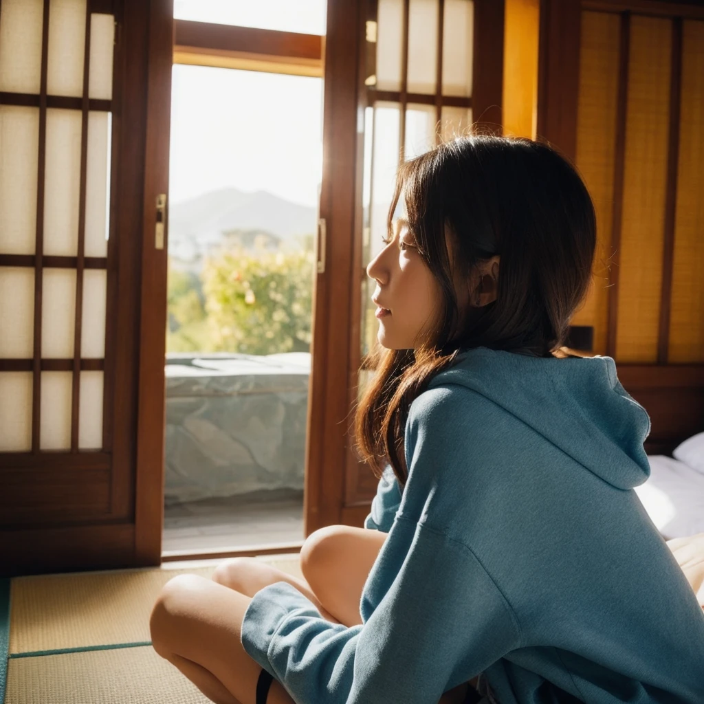 beautiful american woman、I'm at a Japanese-style inn., I'm wearing a hoodie, facing forward、Beautiful Japanese inn