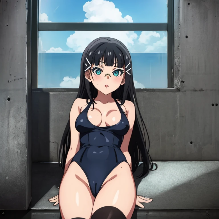 masterpiece,best quality,ultra detailed, best illustration, nsfw, 1girl, black_hair, KK-70, blue one-piece swimsuit, Dia_Genjitsu_no_Yohane, おっぱい