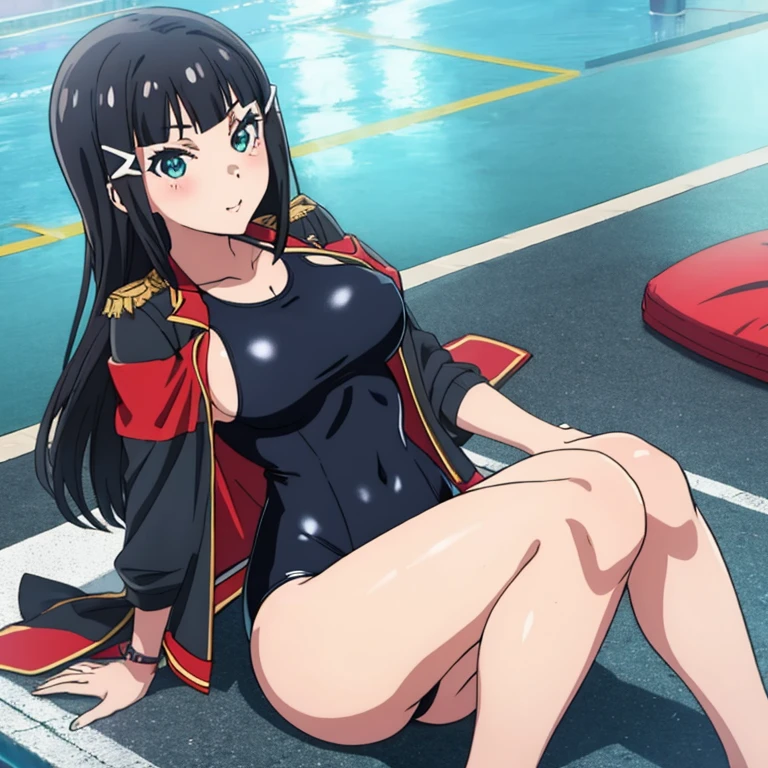 masterpiece,best quality,ultra detailed, best illustration, nsfw, 1girl, black_hair, KK-70, blue one-piece swimsuit, Dia_Genjitsu_no_Yohane, おっぱい
