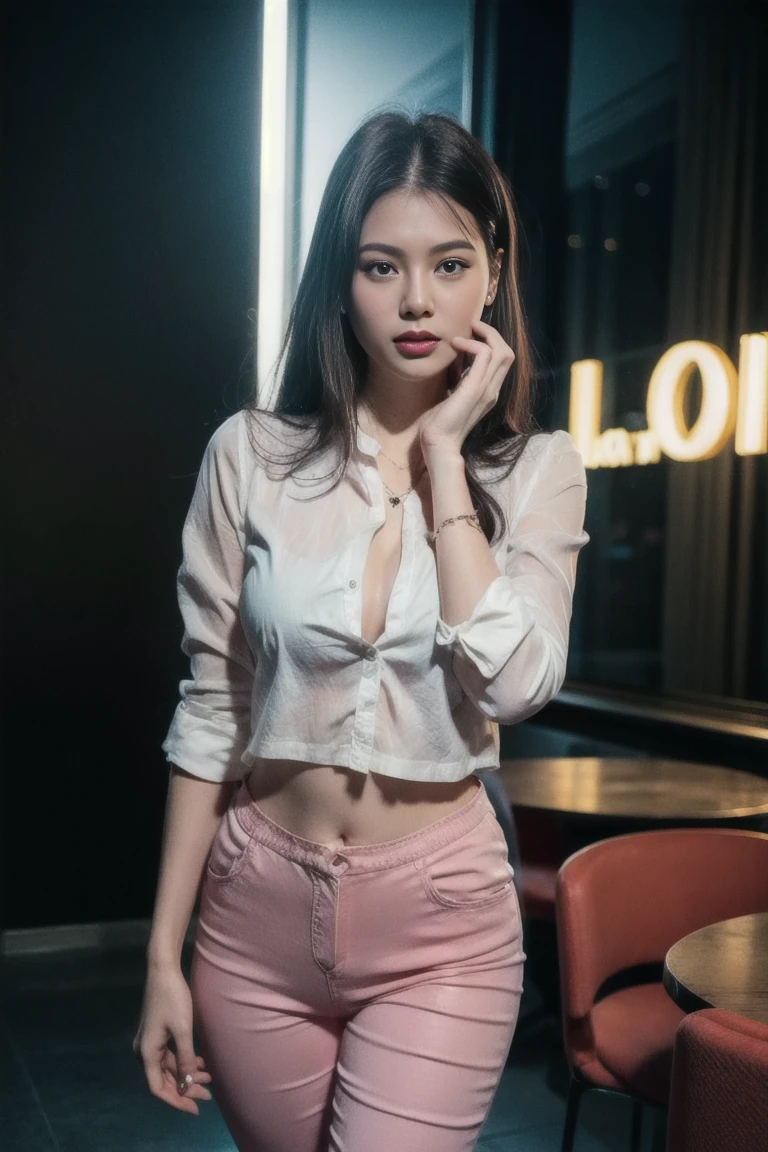 8k, masterpiece, RAW photo, best quality, photorealistic, extremely detailed CG unity 8k wallpaper, Depth of field, Cinematic Light, Lens Flare, Ray tracing, (extremely beautiful face, beautiful lips, beautiful eyes), intricate detail face, ((ultra detailed skin)) 1girl, in the dark, deep shadow, , 1 girl, ((looking at viewer)),( (tight pink pants), (laced mini pants), (midnight, dark night, (neon sign), (blurred background), dim light), (without people in the background:1.3), beautiful earrings, bracelets, necklace, pantyhose, clear eyes, walking , front shot, (pale skin), (big eyes), face forward, (full body shot), ((silk shirt)), (brown hairs), open navel, (looking at viewer:1.3) very slim, medium breasts, medium butt, see through