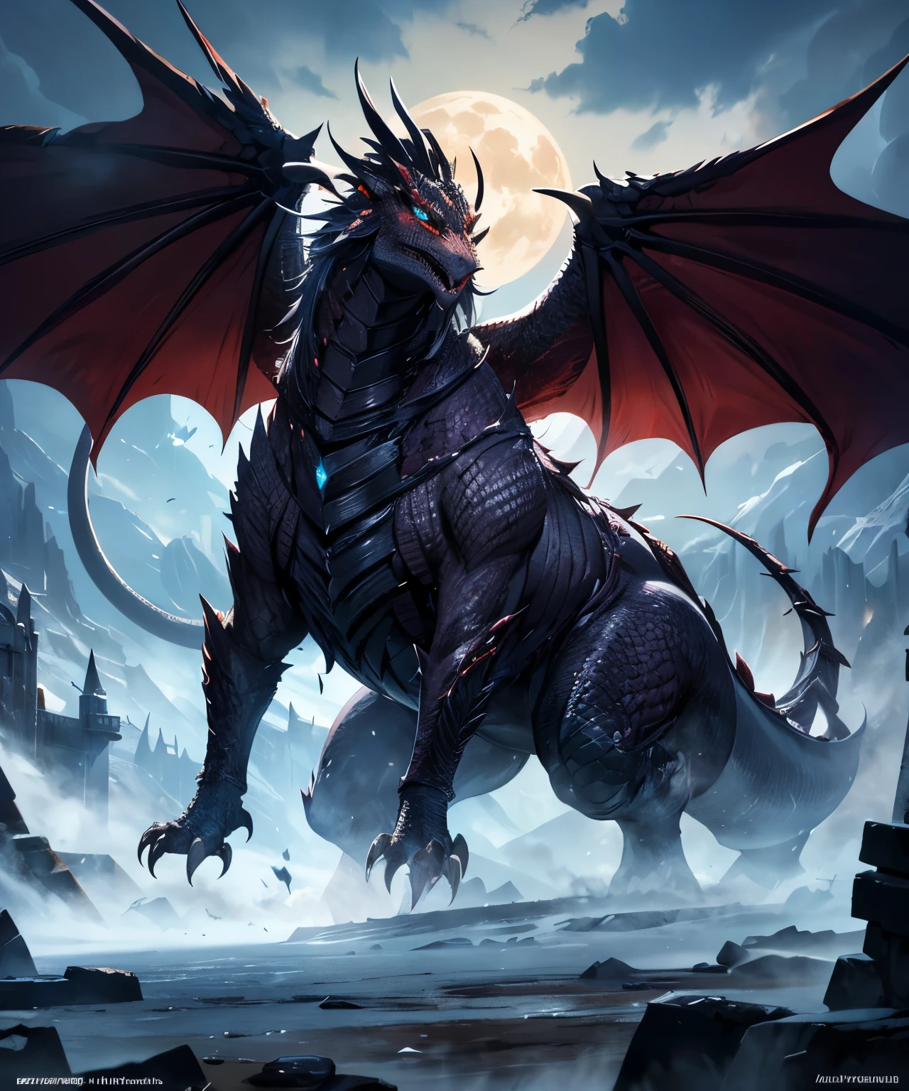 a dragon lord, extremely powerful, silver-black scales, withering gaze, under the mountain, enchanting fiery eyes, commanding presence, majestic wings, ancient creature, ferocious aura, dark and mysterious, swirling mist, epic battle scene, towering stature, ancient ruins, mythical realm, fiery breath, mystical artifacts, moonlit sky, ethereal beauty, scales shimmering in moonlight, intricate details, intense expression. (best quality,4k,8k,highres,masterpiece:1.2), ultra-detailed, (realistic,photorealistic,photo-realistic:1.37), HDR, UHD, sharp focus, professionally rendered, vivid colors, dramatic lighting. fantasy art, creature design, epic fantasy, dark fantasy. cool blue tone, warm orange accents, dramatic lighting effects.