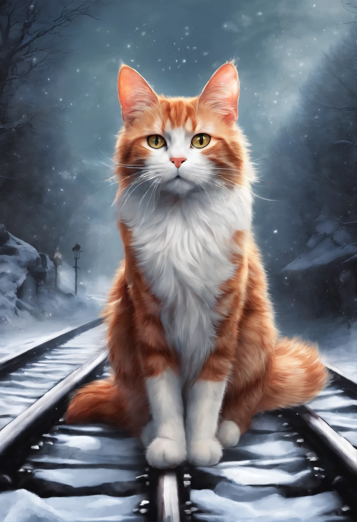 Portrait of a red and white cat looking at you disapprovingly, Cat with wings, Railway tracks, snow