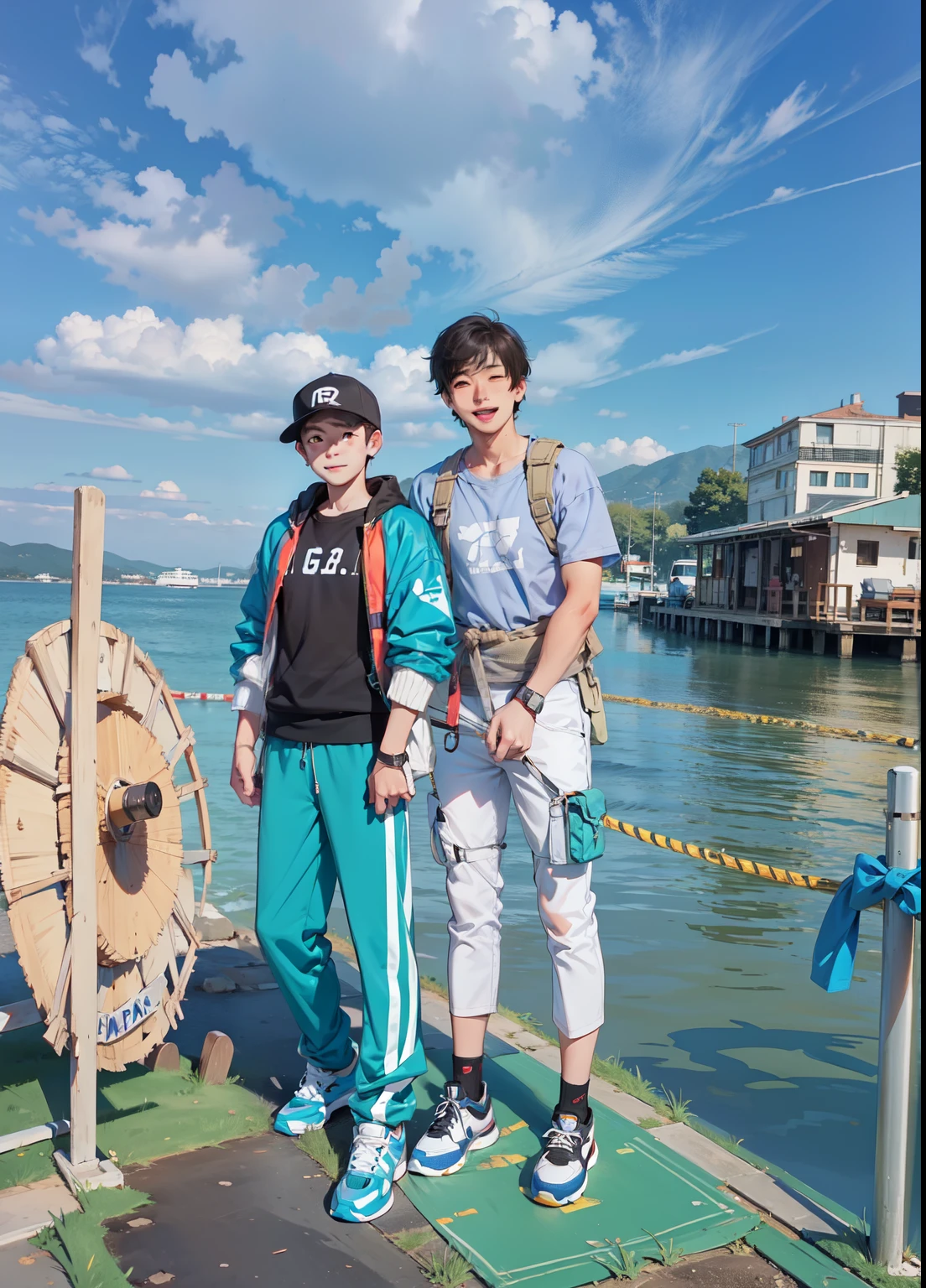 happy face, outdoors, taking photos together, two boys, cute boy, handsome boy, cute, handsome, Korean