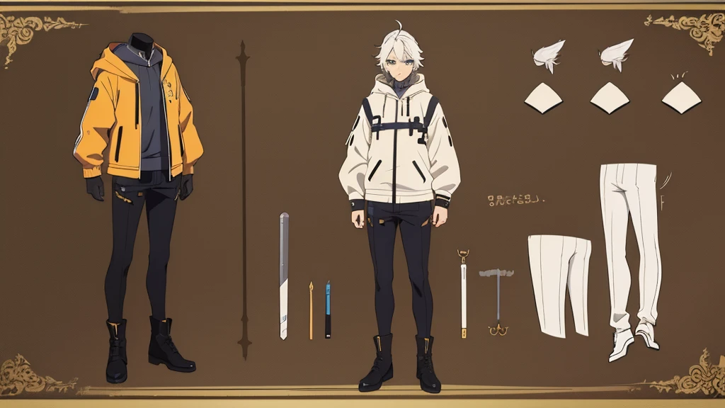 Character Sheet, full-body, male, white haired, anime, anime style, blue eyes, orange jacket, 4k, high quality
