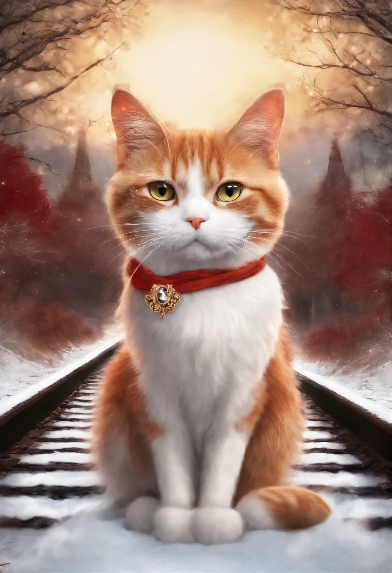 Portrait of a red and white cat looking at you disapprovingly, Cat with wings, Railway tracks, snow