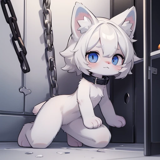 hair，furry，big eyes，small nose，Malu，cell cat，nude，hair，collar，whole body，Imprisoned，There are tears in the corners of the eyes，cry，chain，Fear