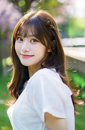 highest quality, soft light, ultra high resolution, (realistic:1.4), full_body,RAW photo, 1 japanese girl, alone, cute, (pupil, light in the eyes), detailed beautiful face,(High resolution details of human skin texture), (long hair), outdoor, Y-shirt,skirt, (portrait),spring,smile,jump