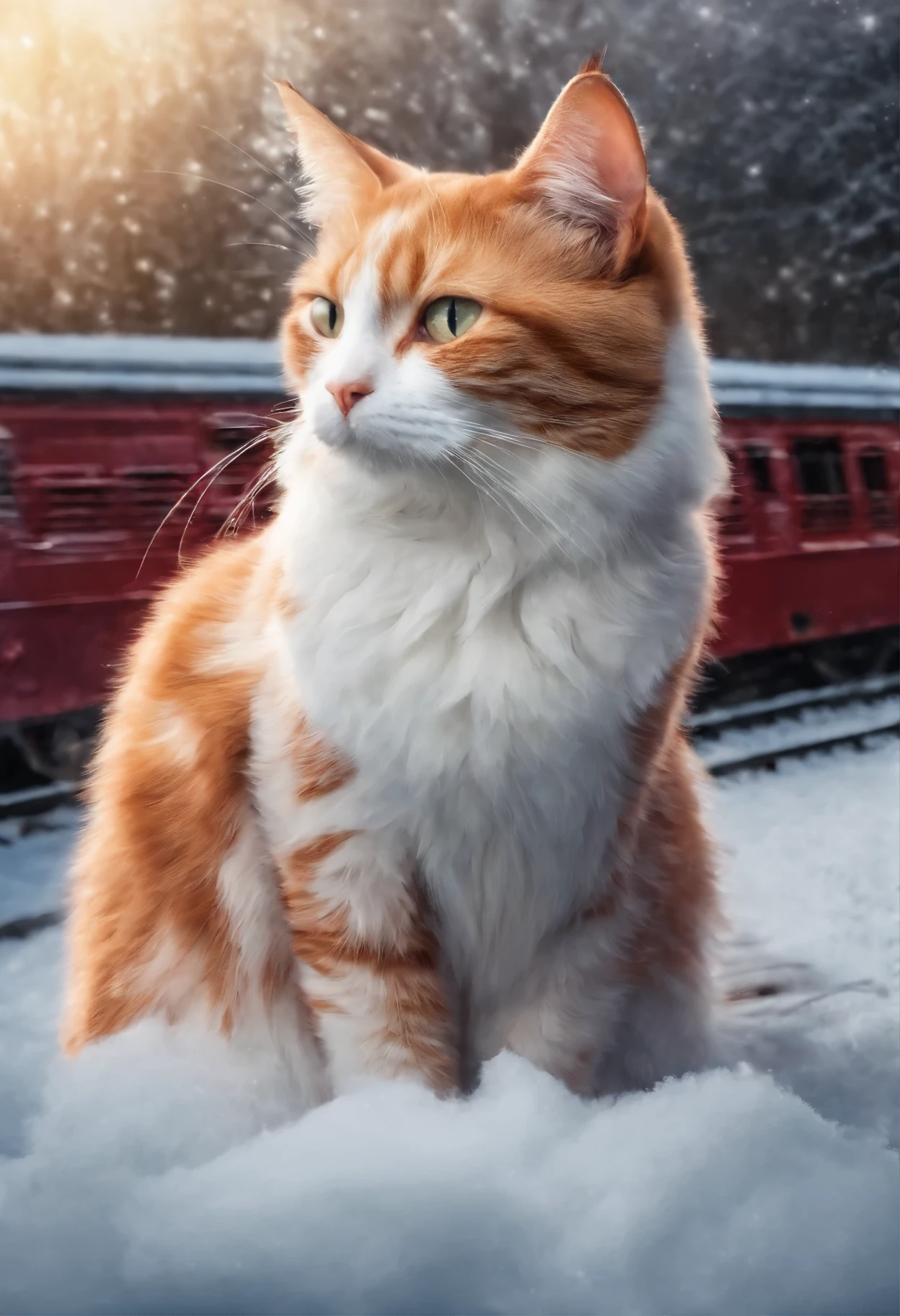 Portrait of a red and white cat looking at you disapprovingly, Cat with wings, Railway tracks, snow