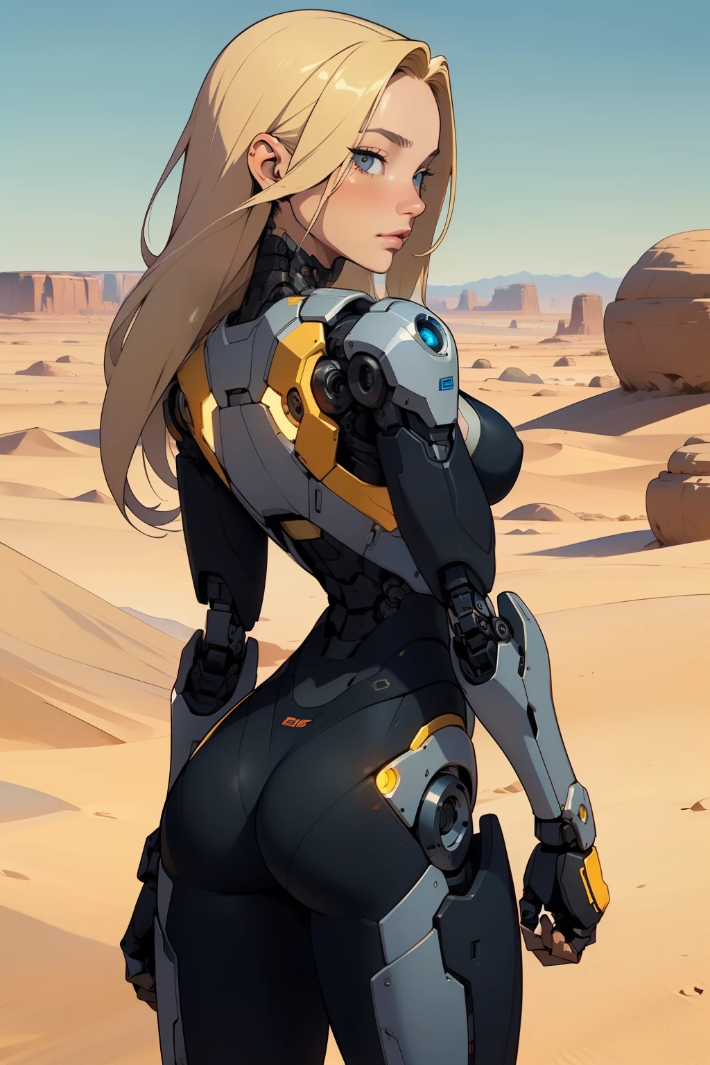 high quality, 4k, masterpiece, beautiful, cyborg girl, cowboy shot, dull eyes, back side, turning around to look at viewer, long blonde hair, girl, small breasts, fit thigh, robotic arms, robotic body, cyborg body, yellow accent, redaccent, intricate detail, joint, detailed lines, robotic detail, holding fist up, holding hand up as fist, color robotic parts, robotic parts with color, perfect fingers, on a desert planet, sunny background, colorful desert,