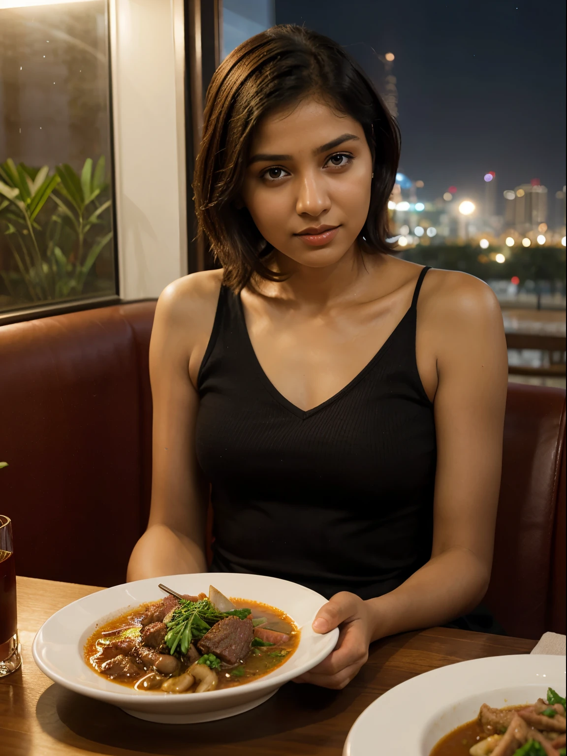 Indian girl with short lob hair, short hair, sitting in dubai restaurant, beef stew on the table, night time, warm light, thin girl, natural skin, Hyperrealism, detailed, photorealisic,