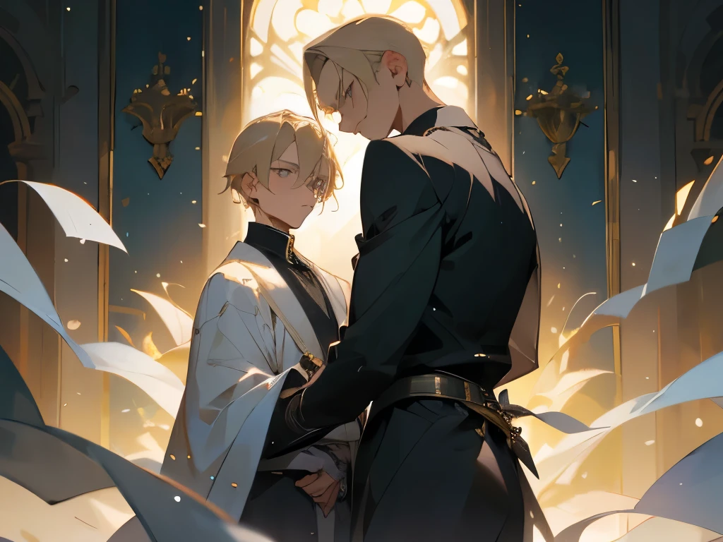 2 people, father and son, son is a 14 years old, (Best quality at best, A high resolution), (detailed, Be expressive, aesthetic), blond hair, gray eyes, elegant, Serious mood, clear eyes