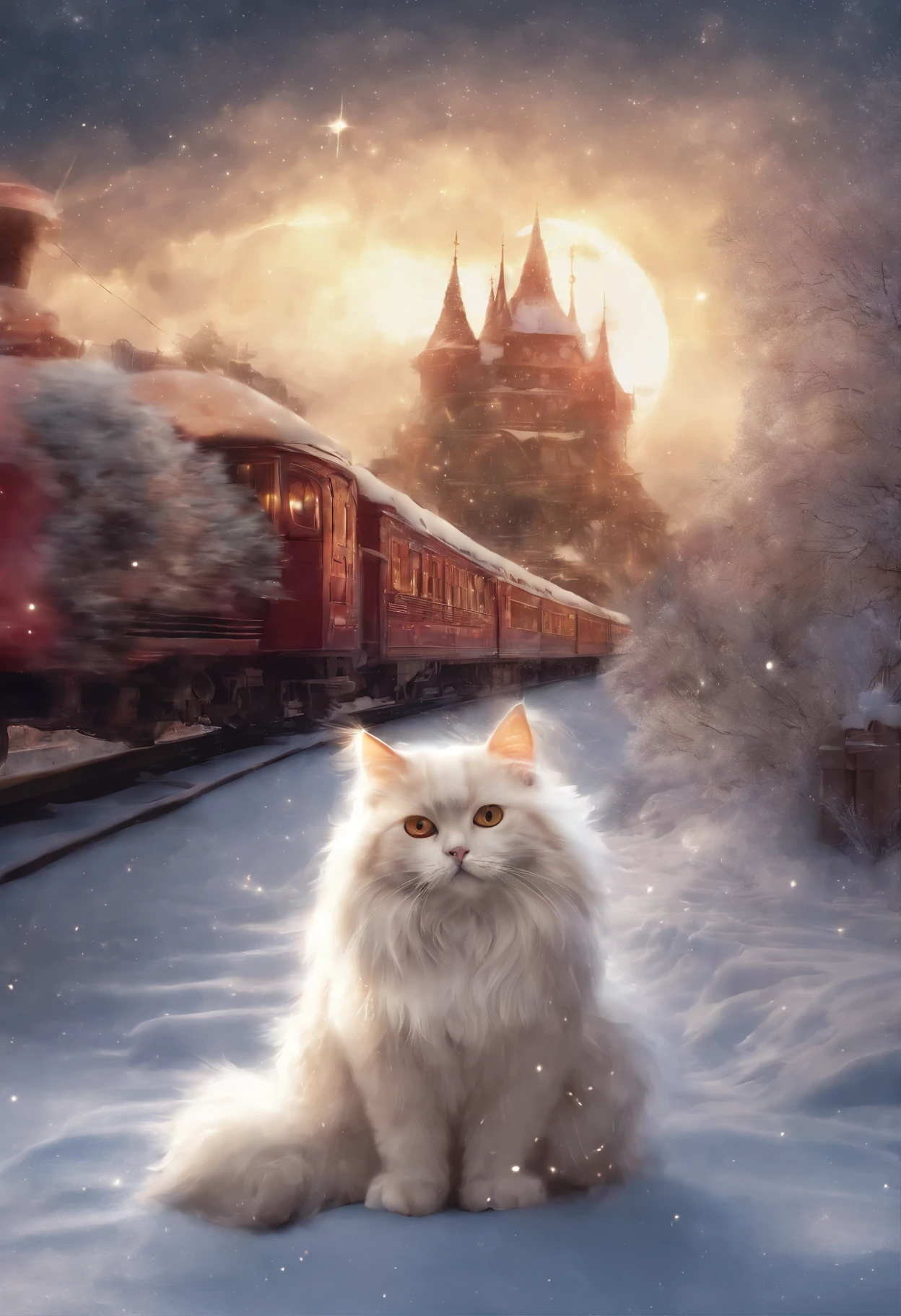 Angelic cat, heavenly cat, , Red-and-white cat angel with wings looks from the sky at the departing train, snowstorm, blizzard, heavenly express goes to heaven, choo choo, Beautiful digital images, Cute illustrations, Sakimi, Train, Andrey Gordeev, Rails, charming digital painting, Magical scene, fantastic matte painting, Cute, White cat, Cute digital art, Desktop wallpapers - 1 0 2 4, 2 0 1 4