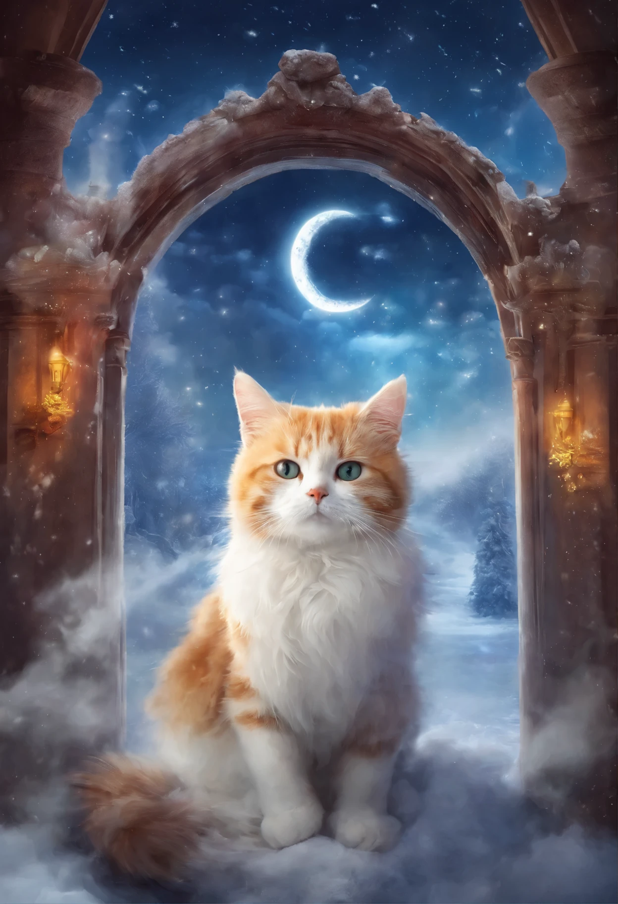 Angelic cat, heavenly cat, , Red-and-white cat angel with wings looks from the sky at the departing train, snowstorm, blizzard, heavenly express goes to heaven, choo choo, Beautiful digital images, Cute illustrations, Sakimi, Train, Andrey Gordeev, Rails, charming digital painting, Magical scene, fantastic matte painting, Cute, White cat, Cute digital art, Desktop wallpapers - 1 0 2 4, 2 0 1 4