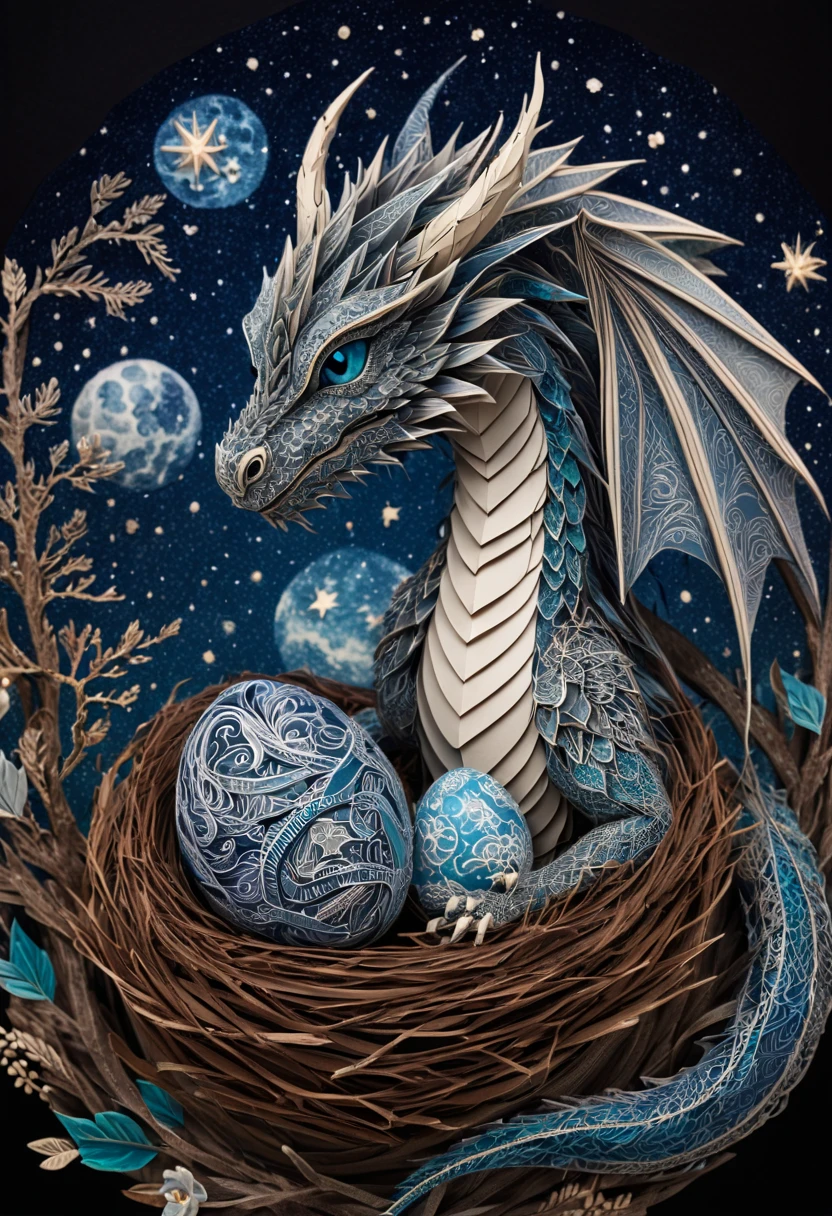 a mini baby dragon,zentangle,origami,cinematic,in a nest of Chinese dragons,an egg has just broken,its mother is proud, zentangle full of stars sky,