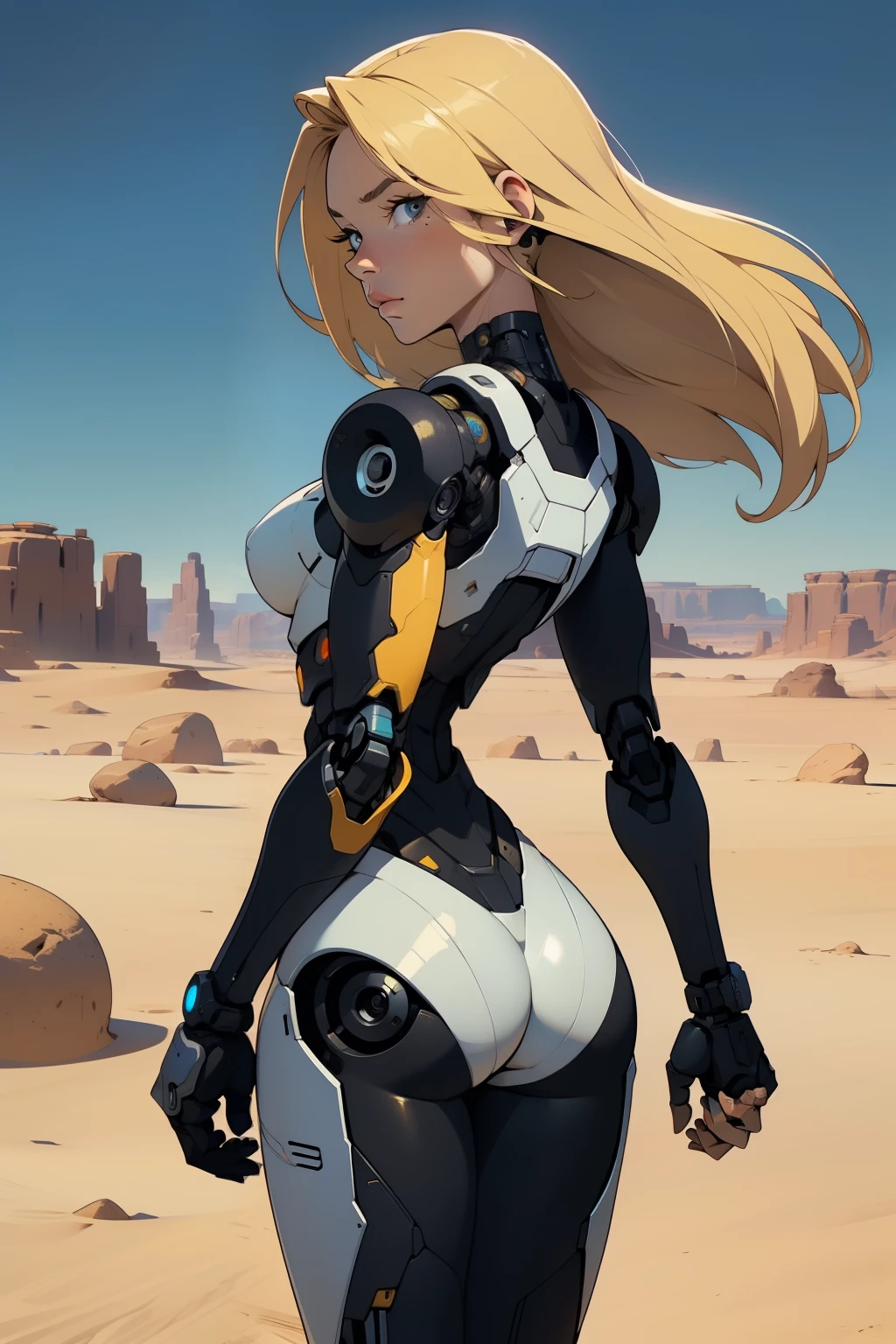 high quality, 4k, masterpiece, beautiful, cyborg girl, cowboy shot, dull eyes, back side, turning around to look at viewer, long blonde hair, girl, small breasts, fit thigh, robotic arms, robotic body, cyborg body, yellow accent, redaccent, intricate detail, joint, detailed lines, robotic detail, holding fist up, holding hand up as fist, color robotic parts, robotic parts with color, perfect fingers, on a desert planet, sunny background, colorful desert,