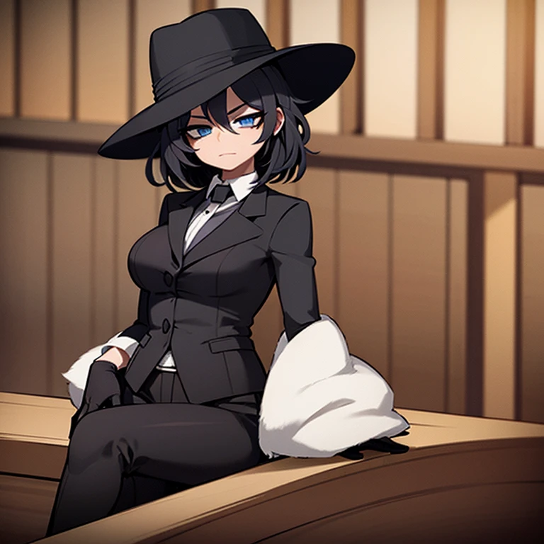 Woman, 25 years old, mixed-skin, blue eyes, short black curly hair, wearing a black suit with a white shirt, black pants, and a black hat, and black gloves, sitting in a bar, mafia style