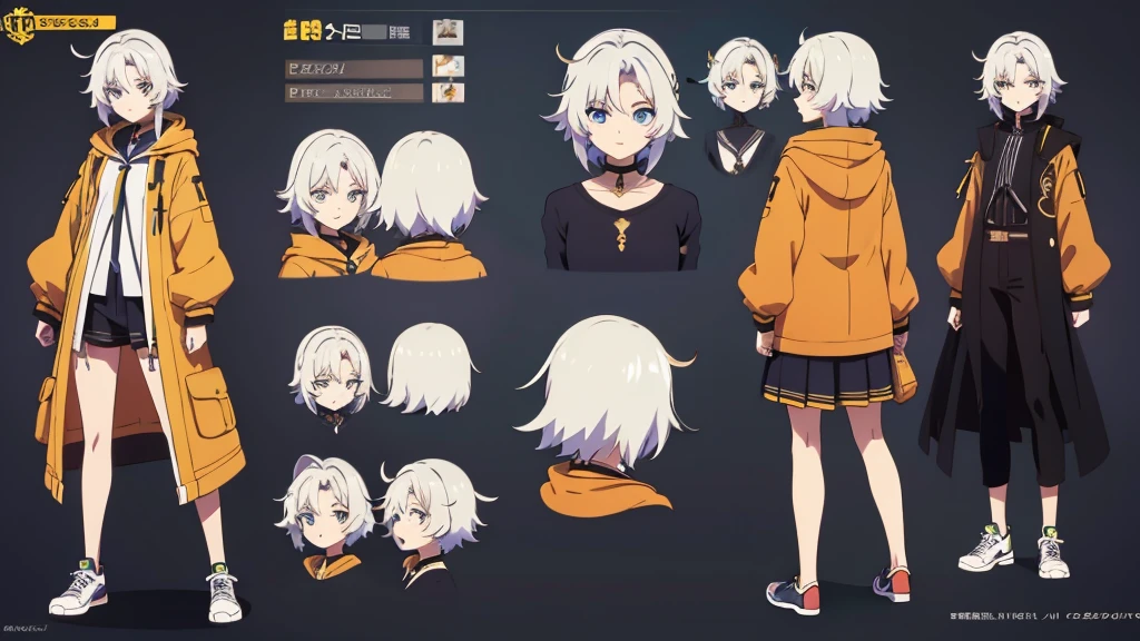Character Sheet, full-body, MALE, straight white hair, anime, anime style, blue eyes, orange jacket, 4k, high quality