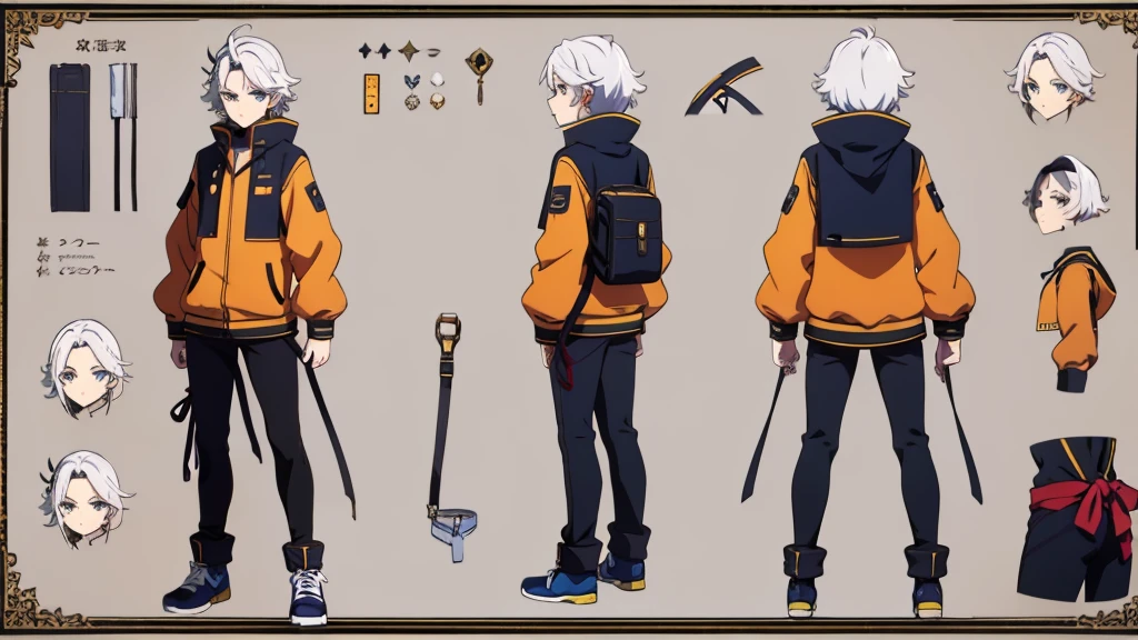 Character Sheet, full-body, male, white haired, anime, anime style, blue eyes, orange jacket, 4k, high quality