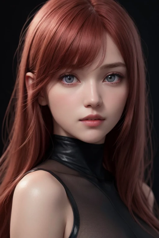 1 girl, star eye, blush, perfect lighting, redhead, red eyes, unreal engine, side light, detailed face, bangs, bright skin, simple background, dark background,