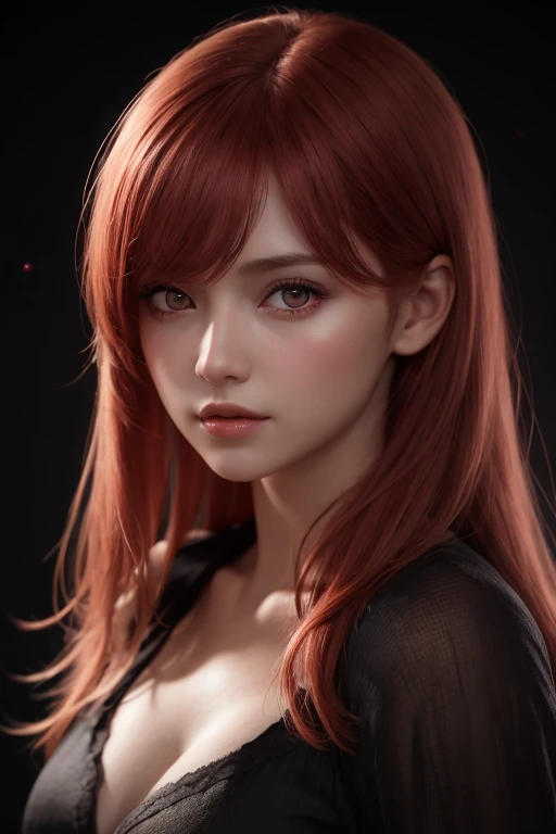 1 girl, star eye, blush, perfect lighting, redhead, red eyes, unreal engine, side light, detailed face, bangs, bright skin, simple background, dark background,