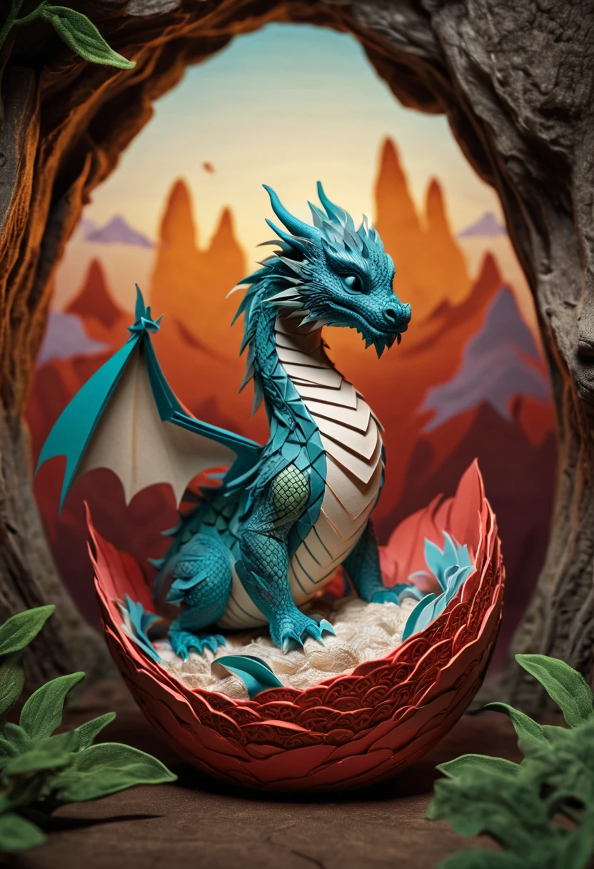 In a nest of Chinese dragons, a mini baby dragon emerges from a cracked egg, in the midst of its discovery of the world. The dragon's mother stands nearby, radiating pride in her newly hatched offspring. In cavern, The scene is adorned with intricate zentangle patterns, resembling delicate ink art. The dragon and its surroundings feature origami elements, adding a touch of paper-folding craftsmanship. The composition invokes a cinematic quality, as if frozen within a pivotal moment of a grand adventure. The imagery portrays a range of emotions, capturing the awe and wonder of the dragon's first steps in the world. The colors are vibrant and vivid, adding a sense of dynamic energy to the scene. The lighting casts a soft glow, highlighting the dragon's features and creating a magical atmosphere. Staying true to the best quality, the artwork is of high resolution (4k, 8k), resulting in ultra-detailed visuals. The style blends realistic and photorealistic qualities, lending a lifelike presence to the dragons and their environment.