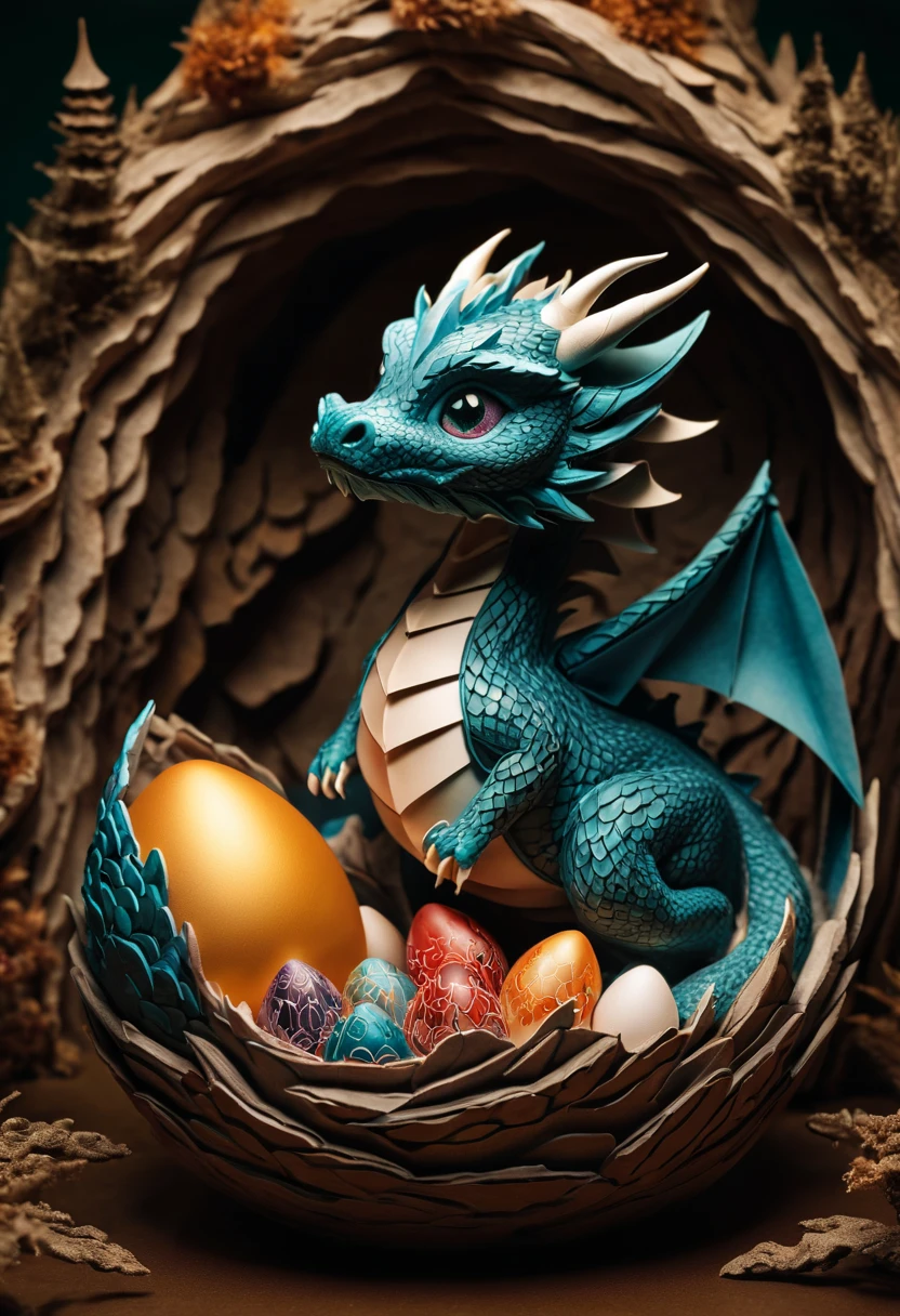In a nest of Chinese dragons, a mini baby dragon emerges from a cracked egg, in the midst of its discovery of the world. The dragon's mother stands nearby, radiating pride in her newly hatched offspring. In cavern, The scene is adorned with intricate zentangle patterns, resembling delicate ink art. The dragon and its surroundings feature origami elements, adding a touch of paper-folding craftsmanship. The composition invokes a cinematic quality, as if frozen within a pivotal moment of a grand adventure. The imagery portrays a range of emotions, capturing the awe and wonder of the dragon's first steps in the world. The colors are vibrant and vivid, adding a sense of dynamic energy to the scene. The lighting casts a soft glow, highlighting the dragon's features and creating a magical atmosphere. Staying true to the best quality, the artwork is of high resolution (4k, 8k), resulting in ultra-detailed visuals. The style blends realistic and photorealistic qualities, lending a lifelike presence to the dragons and their environment.