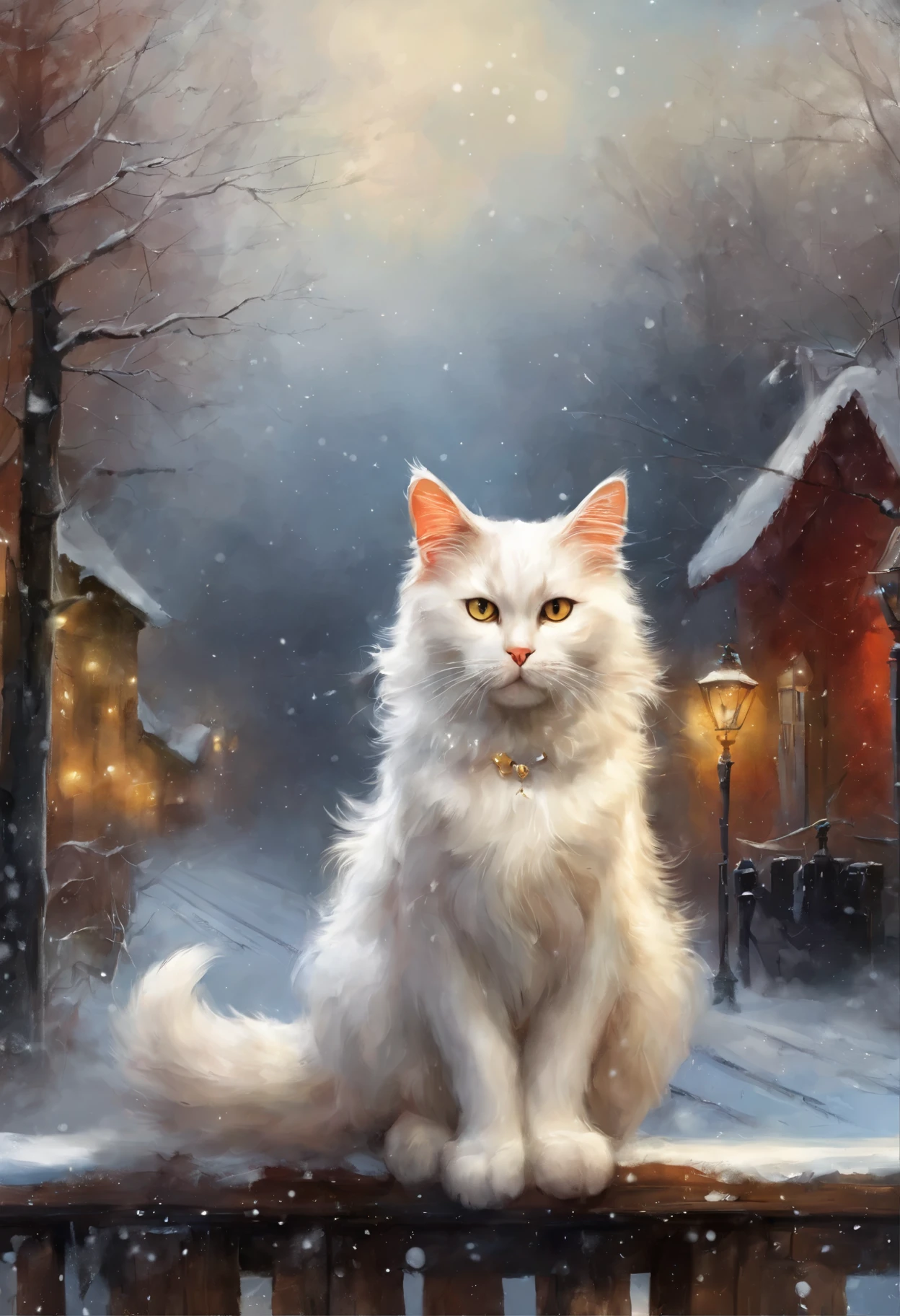 Angelic cat, heavenly cat, , Red-and-white cat angel with wings looks from the sky at the departing train, snowstorm, blizzard, heavenly express goes to heaven, choo choo, Beautiful digital images, Cute illustrations, Sakimi, Train, Andrey Gordeev, Rails, charming digital painting, Magical scene, fantastic matte painting, Cute, White cat, Cute digital art, Desktop wallpapers - 1 0 2 4, 2 0 1 4