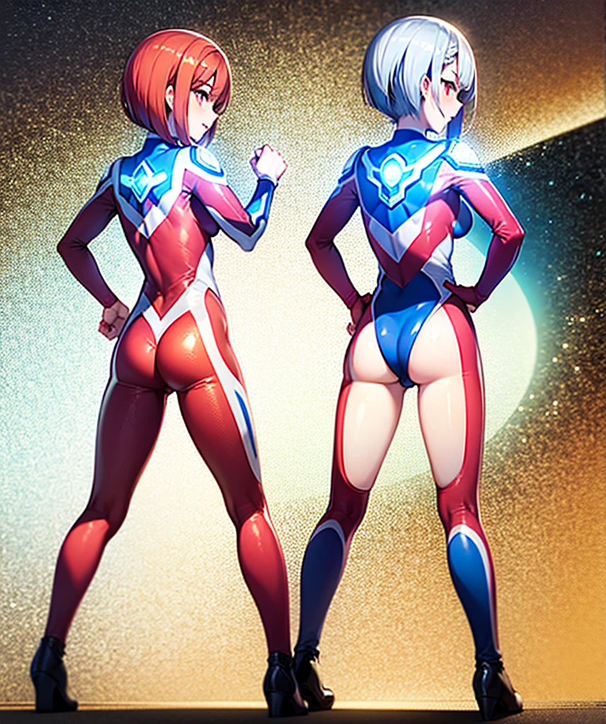 red haired woman,short bob,Braided hair,red eyes, (Ultra Girl :1.0), silver and red ultraman bodysuit, back view,back,butt,fist,Put your hands on your hips