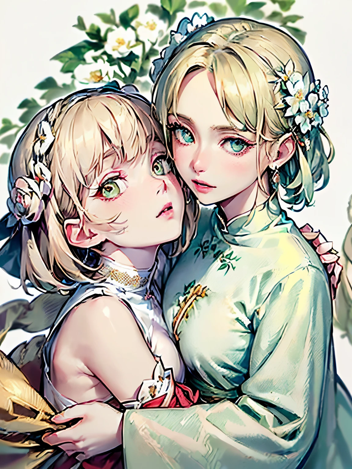 ((blonde:1.2)),(short hair:1.3),(pale green eyes:1.3),(Eye size:1.5),((Traditional costume of Sarry fashion:1.4)),(Background full of blooming flowers:1.5),(blush),(small breasts:1.4),(focus on face:1.3),((look up:1.25)),((fashion color White、darkBlue、red:1.3)),(beautiful eyes:1.2),(((close up of face:1.5))),((hug each other:1.5)),(smile)